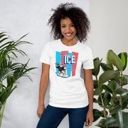 Female model wearing Abolish ICE white t-shirt