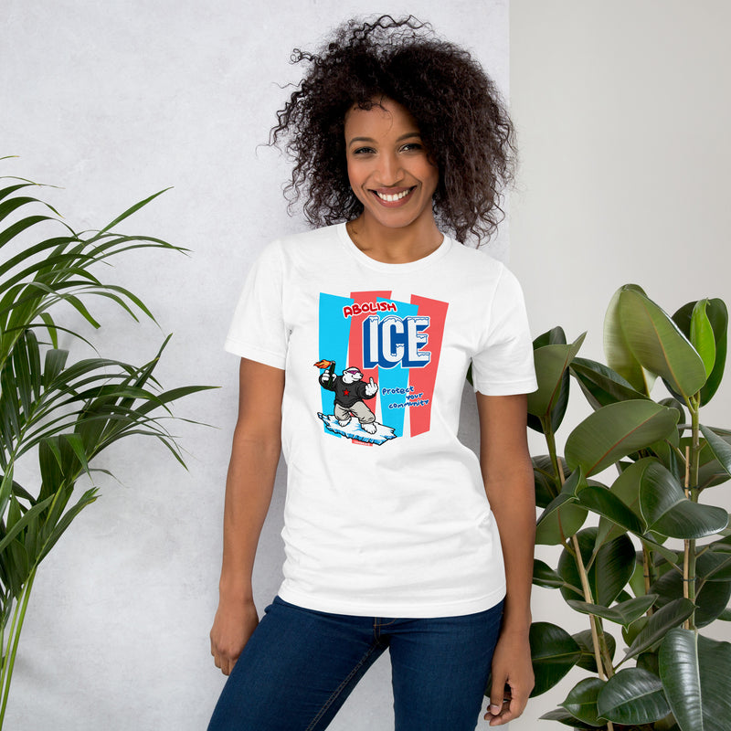 Female model wearing Abolish ICE white t-shirt
