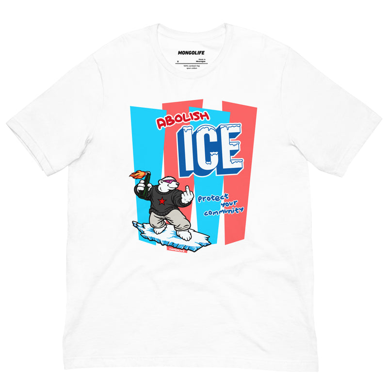 T-shirt featuring Abolish ICE design on white fabric