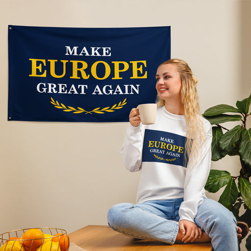 MEGA make europe great again banner navy and yellow laurel wreath pro europe hanging flag