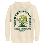 Back view of Always on the Grind hoodie in beige, featuring a vintage weed grinder cartoon print.