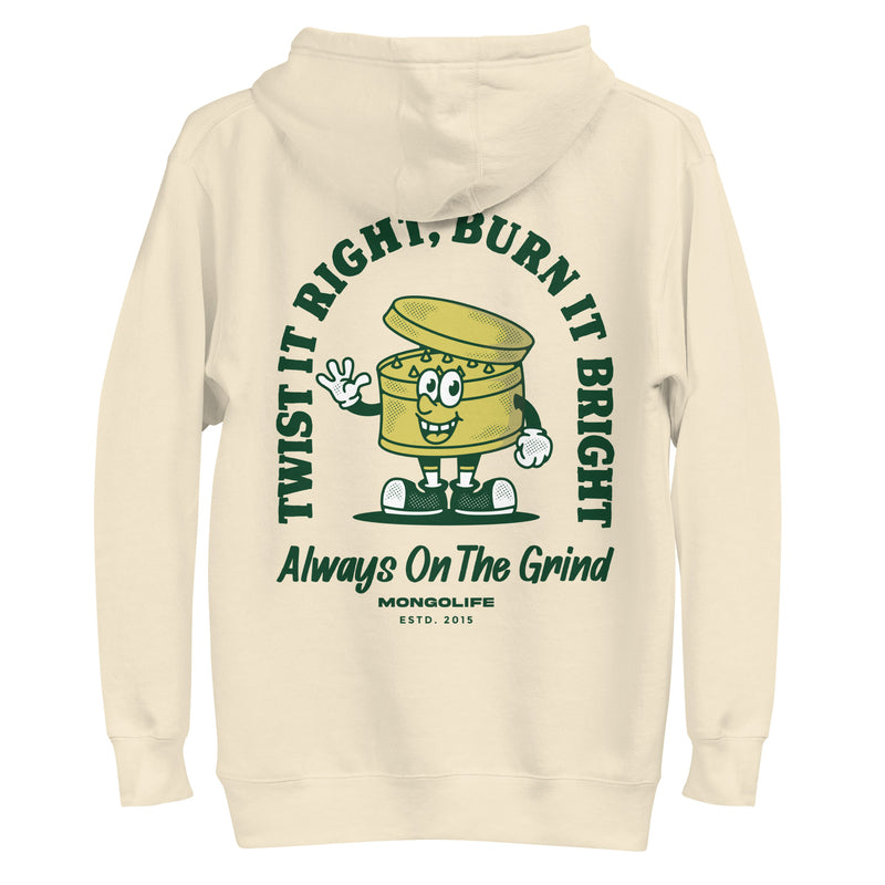 Back view of Always on the Grind hoodie in beige, featuring a vintage weed grinder cartoon print.