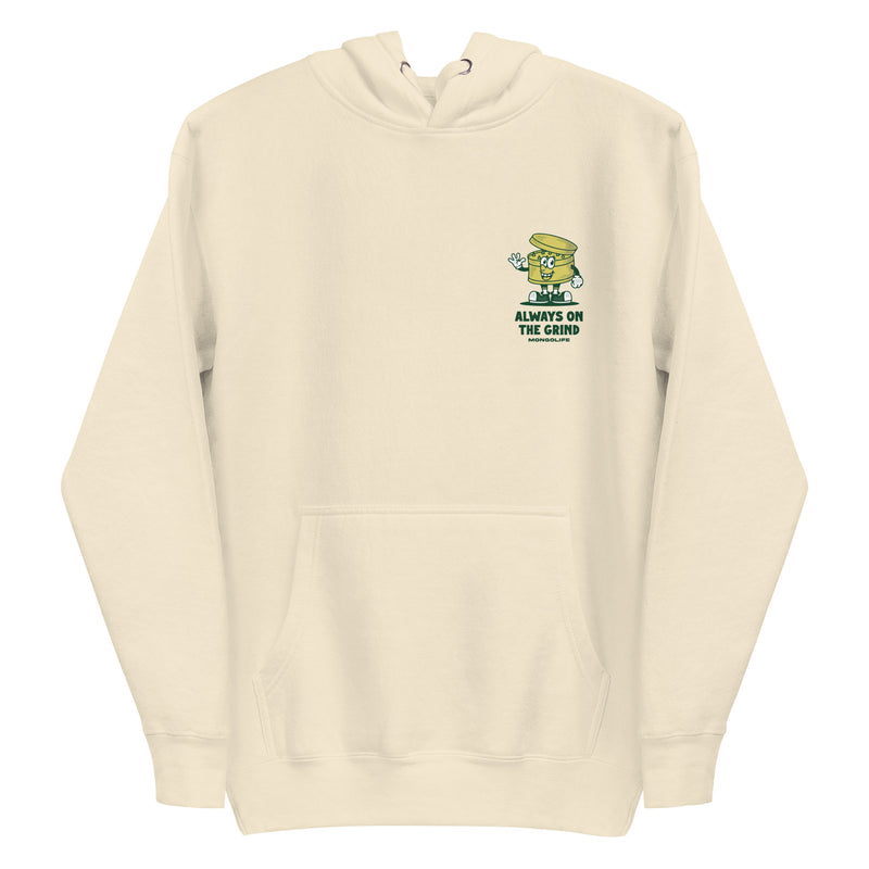 Beige Always on the Grind hoodie, front view, featuring a small grinder cartoon design on the chest.