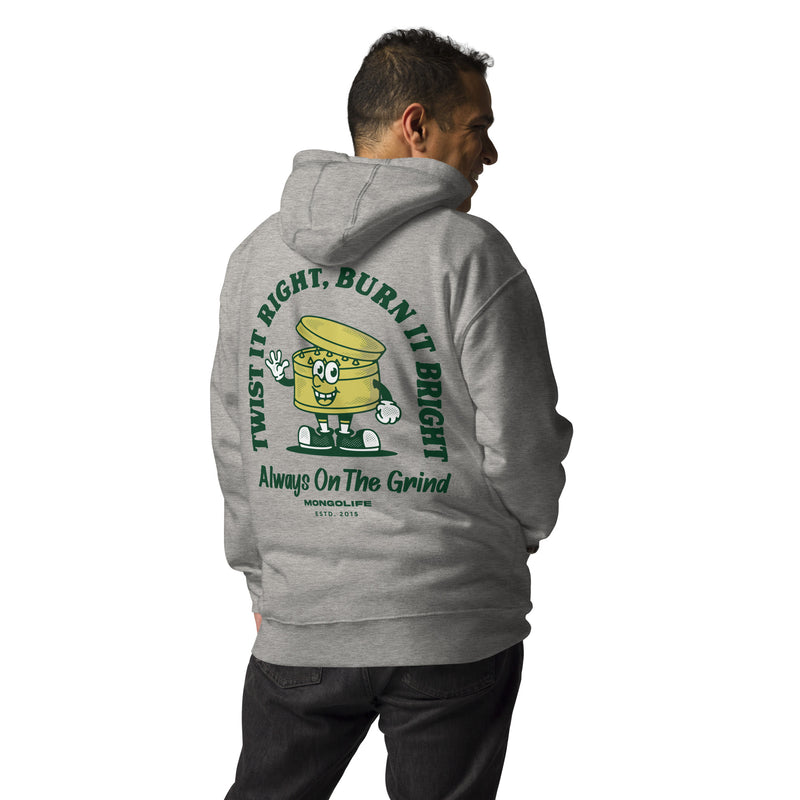 Male model wearing a gray Always on the Grind hoodie, showing the back design with a grinder cartoon illustration.