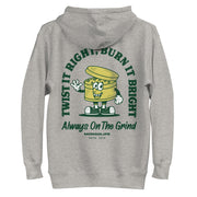 Gray Always on the Grind hoodie, back view, featuring a retro-style grinder illustration.