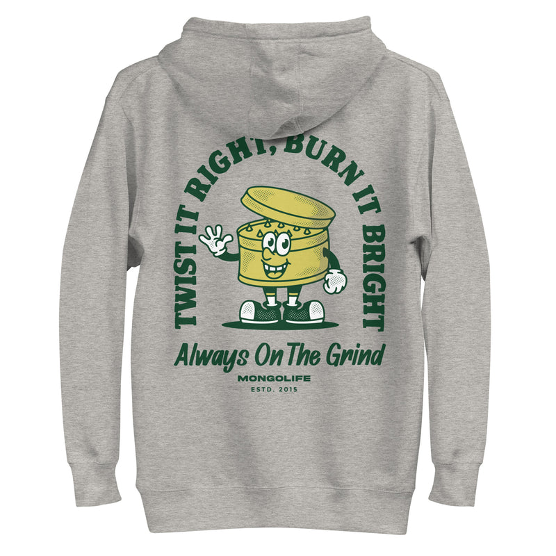 Gray Always on the Grind hoodie, back view, featuring a retro-style grinder illustration.