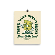 8x10 Always on the Grind poster featuring a vintage weed grinder cartoon on a beige background.
