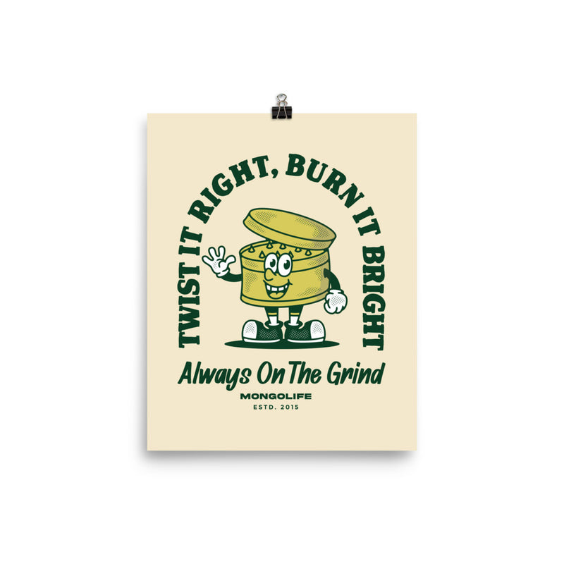 8x10 Always on the Grind poster featuring a vintage weed grinder cartoon on a beige background.