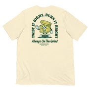 Back view of Always on the Grind T-shirt in beige with a weed grinder cartoon design.