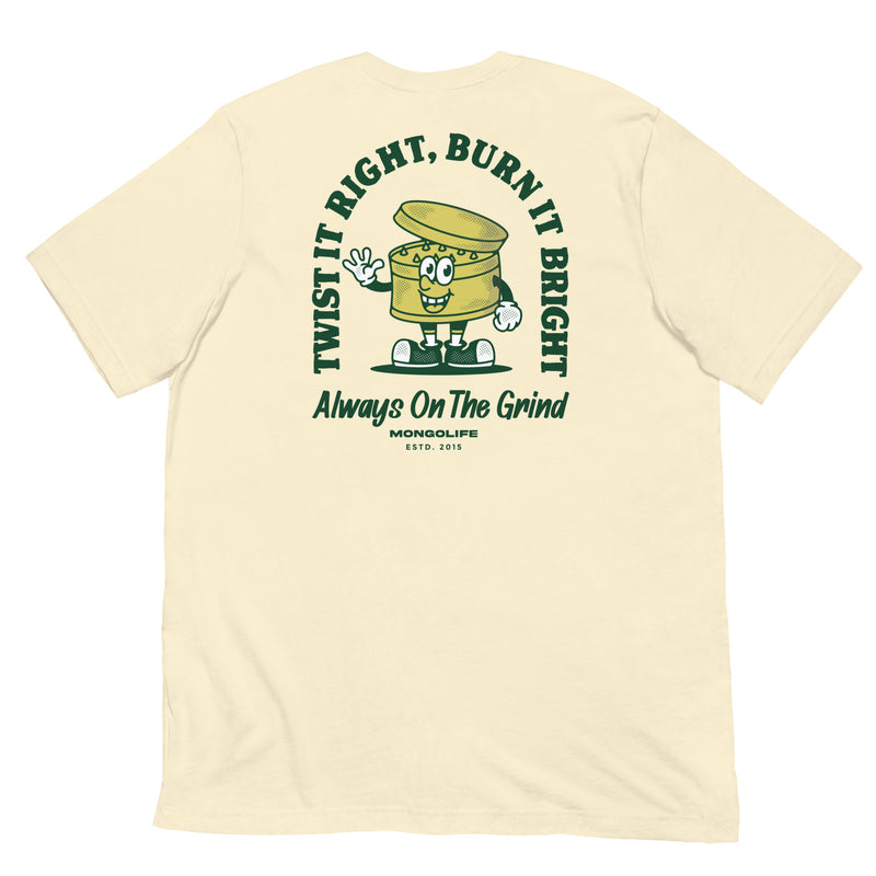 Back view of Always on the Grind T-shirt in beige with a weed grinder cartoon design.