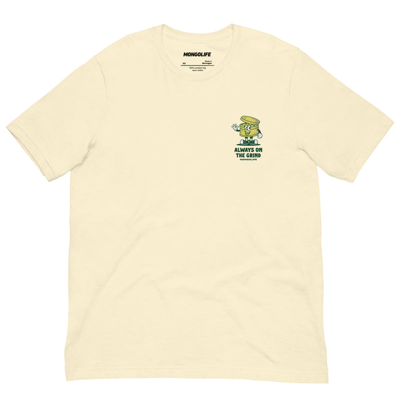 Beige Always on the Grind T-shirt, front view, with a retro grinder cartoon design.