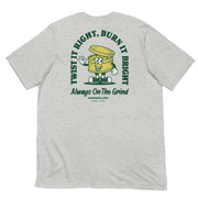 Heather gray Always on the Grind T-shirt, back view, featuring a vintage-style grinder illustration.