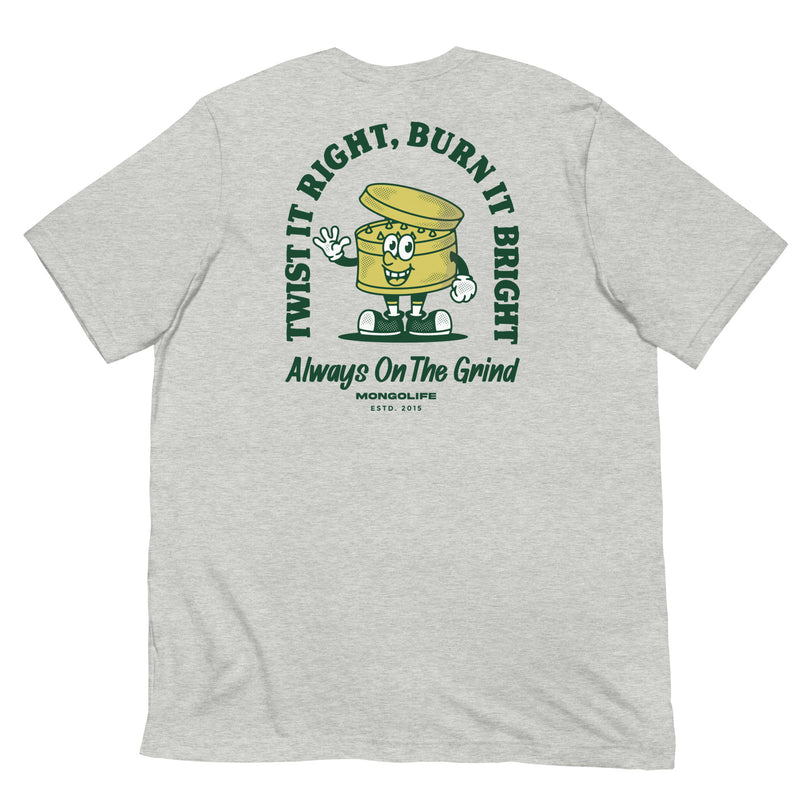 Heather gray Always on the Grind T-shirt, back view, featuring a vintage-style grinder illustration.