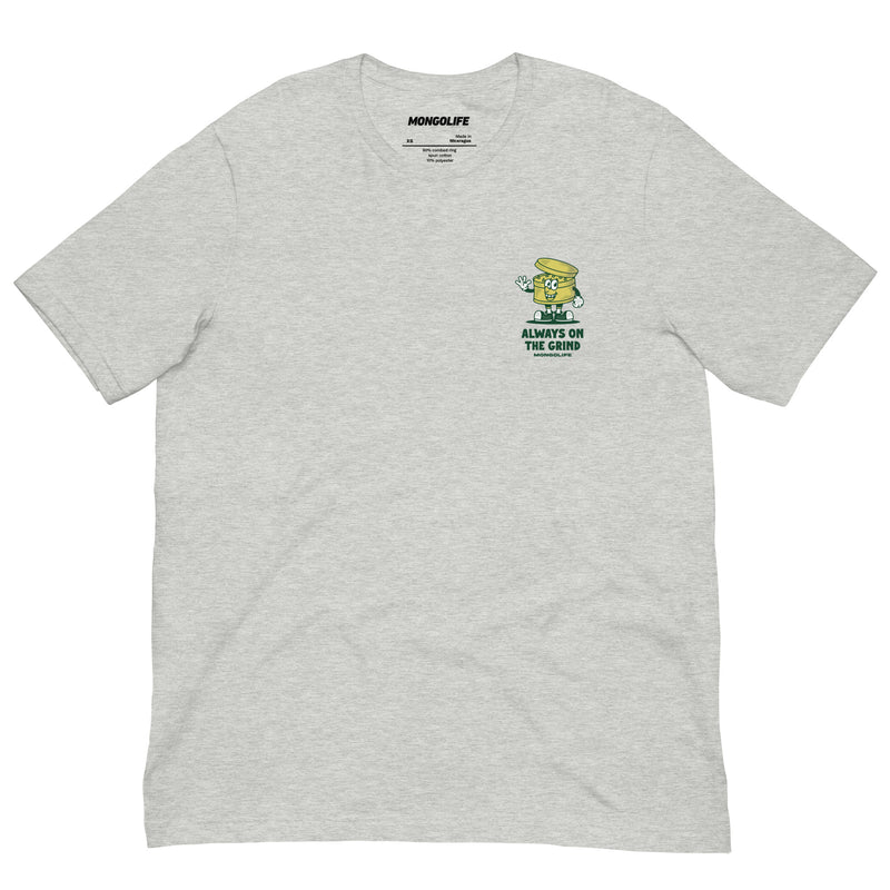 Heather gray Always on the Grind T-shirt with a front chest print of the grinder cartoon design.