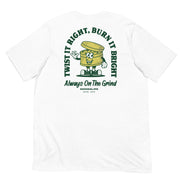 White Always on the Grind T-shirt, back view, featuring a vintage grinder design.