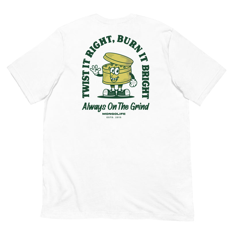 White Always on the Grind T-shirt, back view, featuring a vintage grinder design.