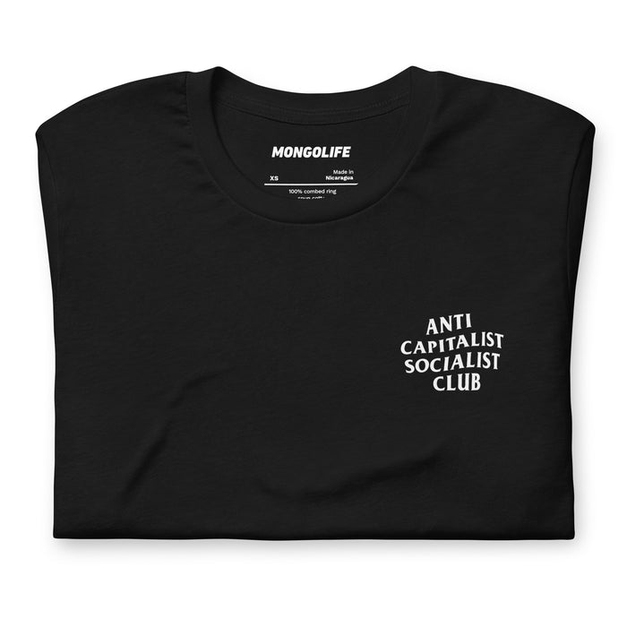 Black t-shirt folded up with the logo "Anti Capitalist Socialist Club" on the left chest area.