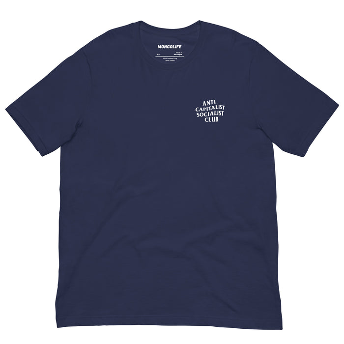 Navy Anti-Capitalist Socialist Club T-shirt featuring a subtle white chest print on soft cotton.