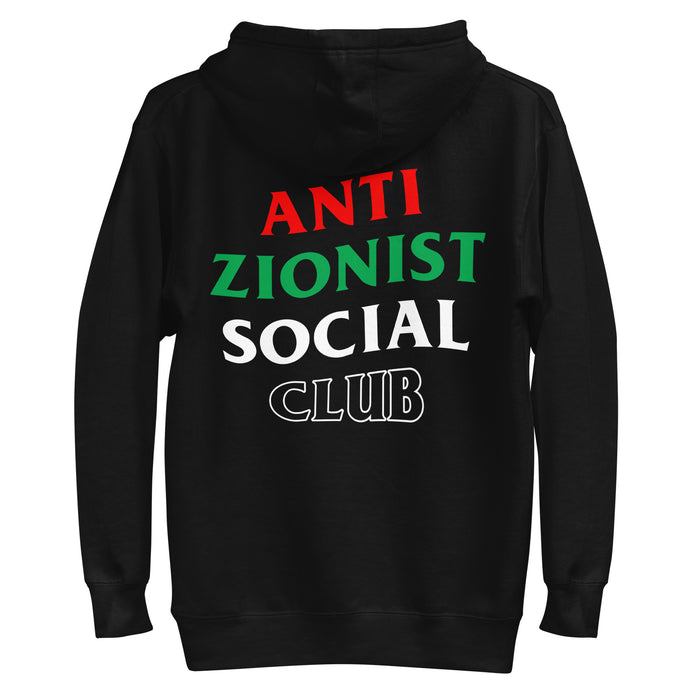 Black Anti Zionist Social Club hoodie with large back print in Palestinian flag colors.