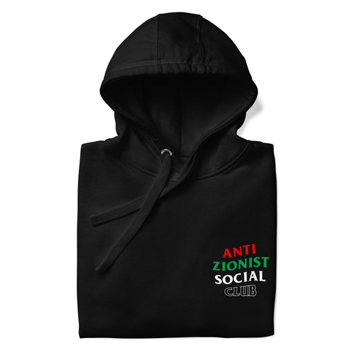 Folded black hoodie with small Anti Zionist Social Club design on the chest.