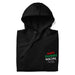 Folded black hoodie with small Anti Zionist Social Club design on the chest.