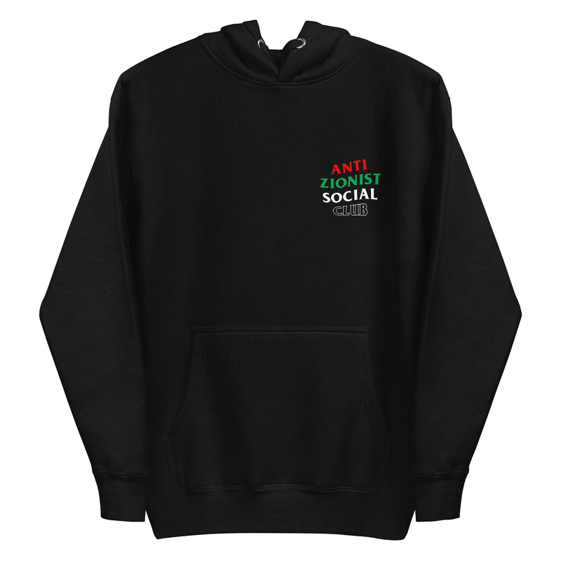 Black hoodie with small Anti Zionist Social Club design on the chest.