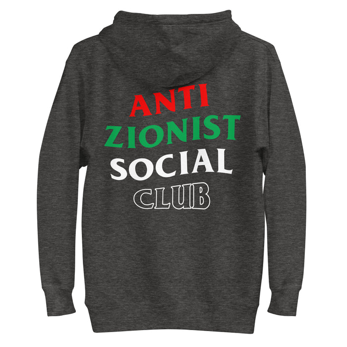 Charcoal heather Anti Zionist Social Club hoodie with bold back design.