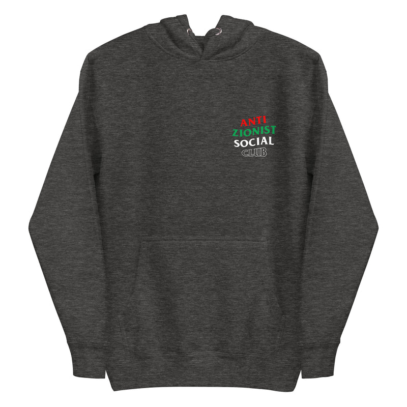 Charcoal heather hoodie with subtle Anti Zionist Social Club chest logo.