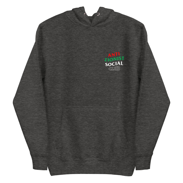 Charcoal heather hoodie with subtle Anti Zionist Social Club chest logo.