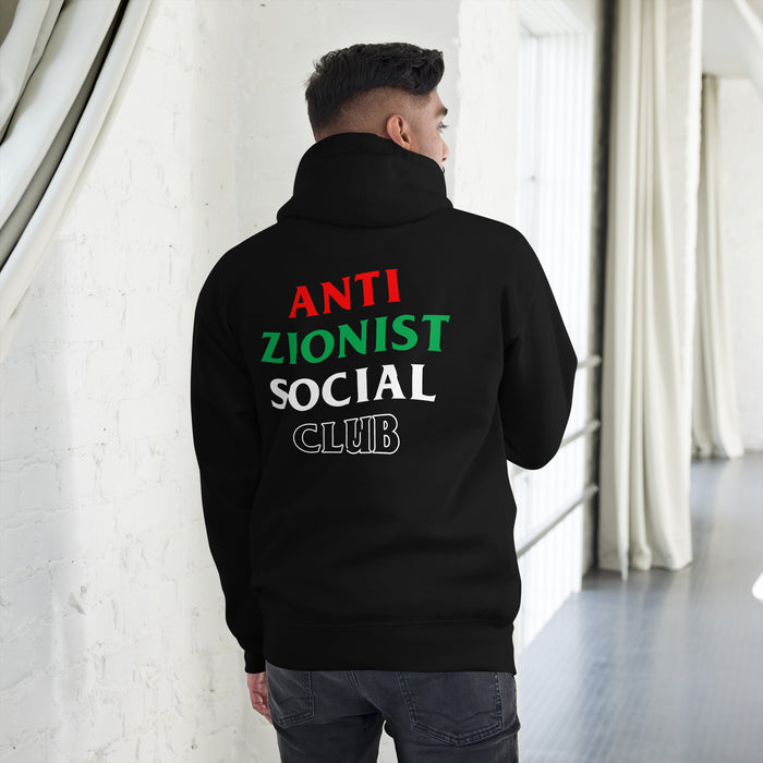 Model wearing black Anti Zionist Social Club hoodie showing back design.