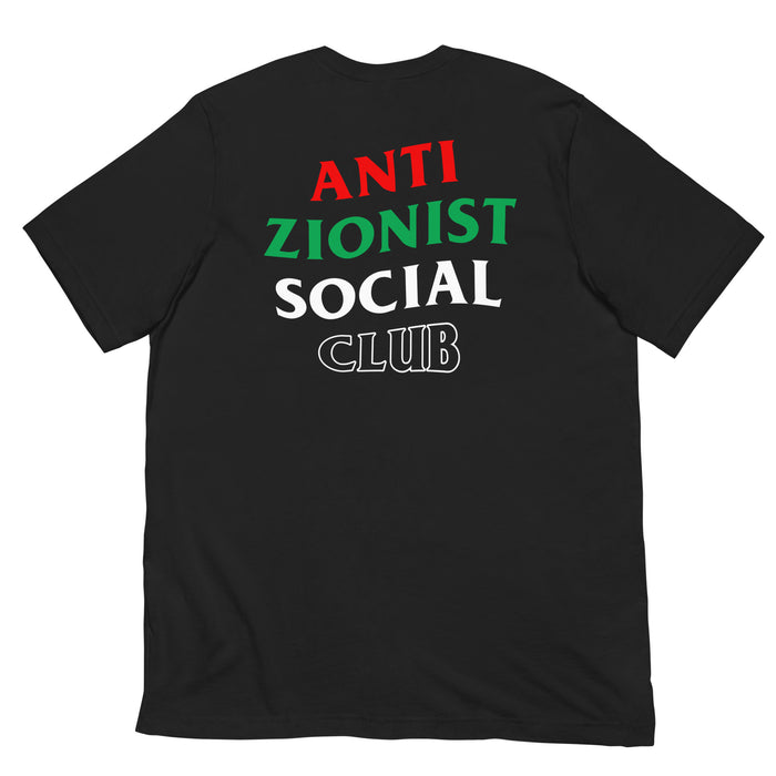 Back view of Anti Zionist Social Club shirt in black with full protest graphic. 