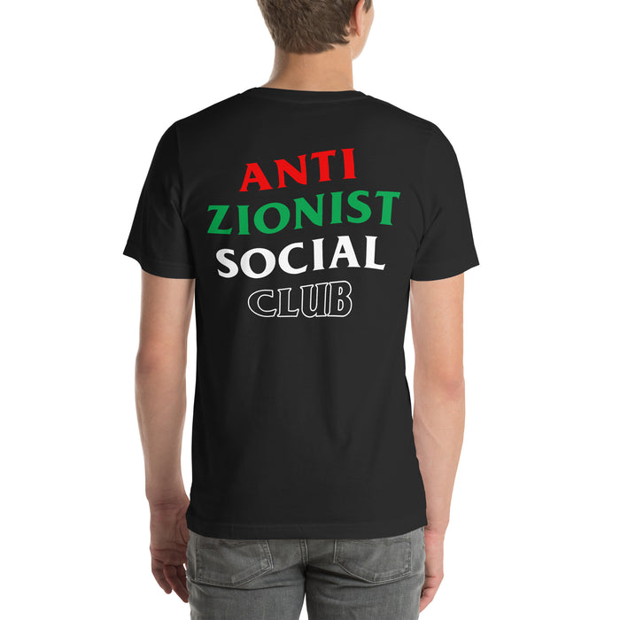 Man wearing Anti Zionist Social Club shirt, full back graphic visible.
