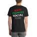 Man wearing Anti Zionist Social Club shirt, full back graphic visible.