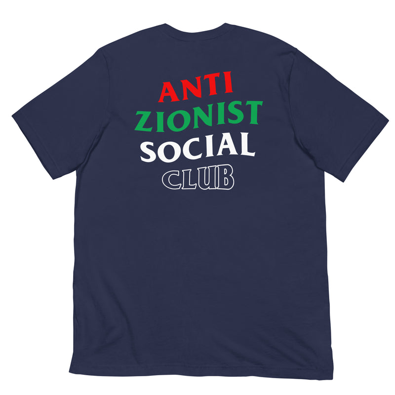 Navy color option, back view with bold pro-Palestine message.