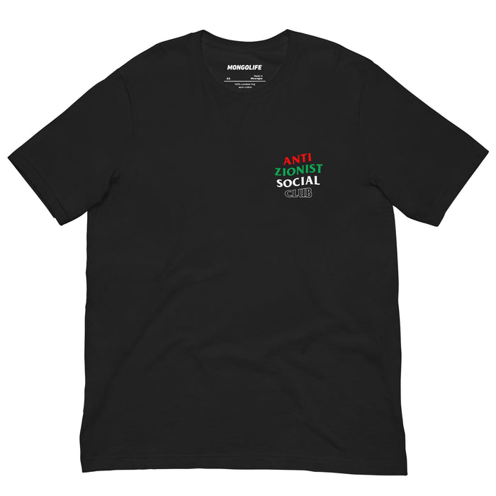 Flat lay of black t-shirt with small anti-Zionist logo on front chest.