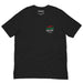 Flat lay of black t-shirt with small anti-Zionist logo on front chest.