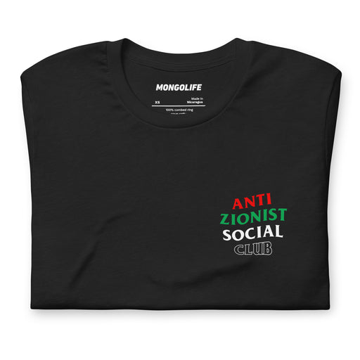 Folded black Anti Zionist Social Club shirt showing front pocket-style logo.