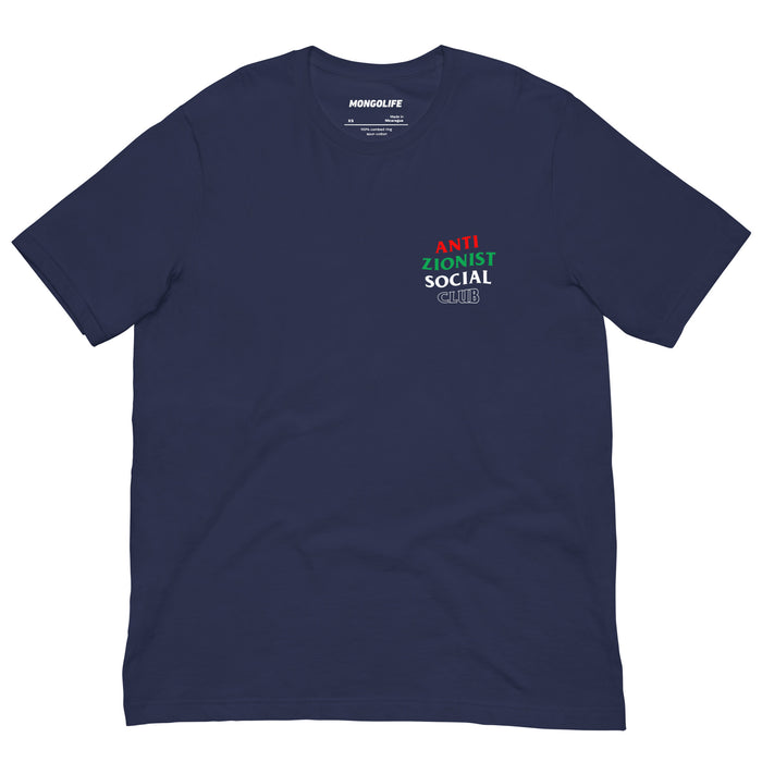 Navy t-shirt with small anti-Zionist chest print, front view.