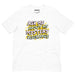 White t-shirt with high contrast colorful drip typography reading “Ask Me About My Mystery Discharge.”