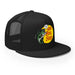 Angled view of black snapback hat with parody fishing design