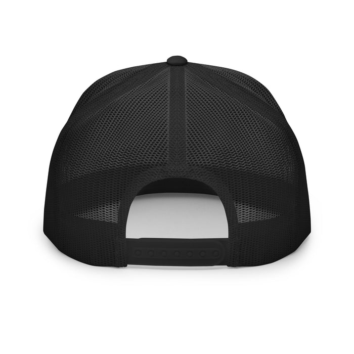 Back of black trucker hat with adjustable snapback closure