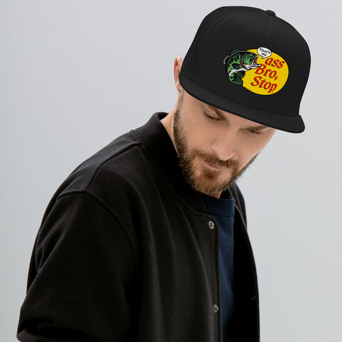 Person wearing black mesh trucker cap with parody fishing logo