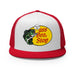 Red and white mesh trucker hat with large bass humor graphic