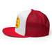Side view of red parody fishing cap with mesh back
