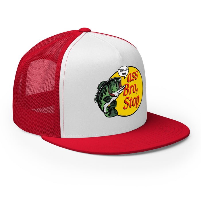 red and white trucker hat with humorous fish shop design
