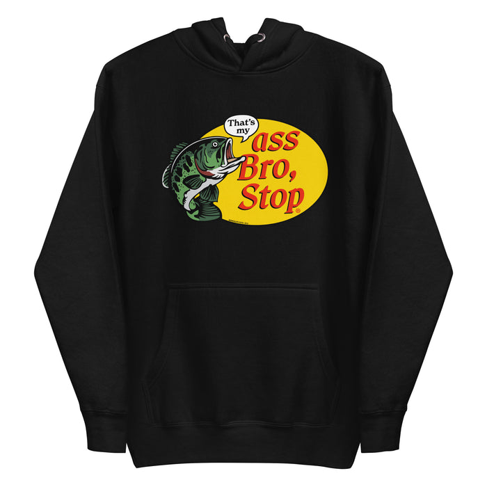 Black hoodie with large humorous fishing design featuring bass and parody text