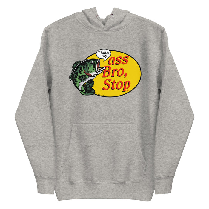 Heather gray hoodie with That’s My Ass Bro Stop bass illustration