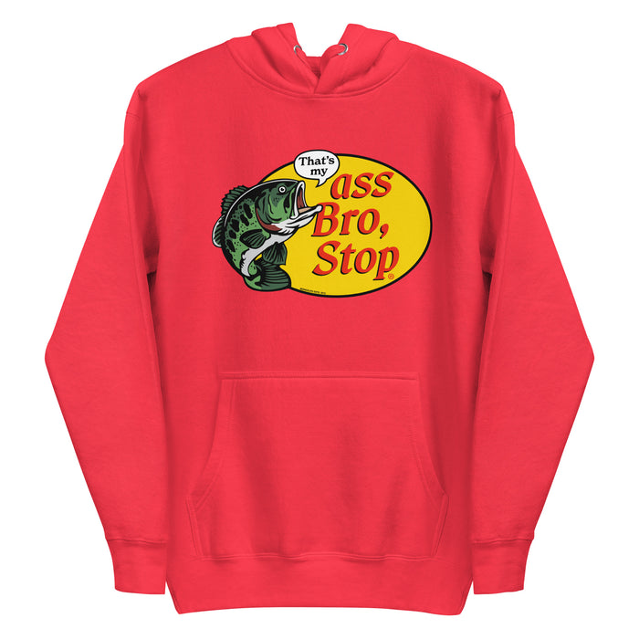 Red hoodie with parody fish shop logo and bold humor design