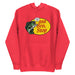 Red hoodie with parody fish shop logo and bold humor design