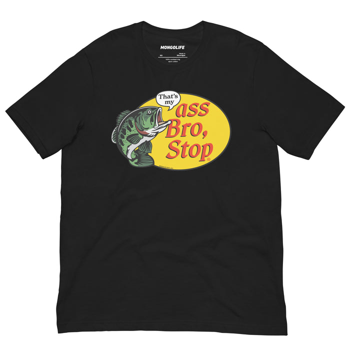 Black t-shirt with funny fishing parody logo in yellow and red featuring largemouth bass